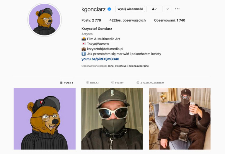 Instagram Krzysztofa Gonciarza z widocznym NFT Fancy Bears